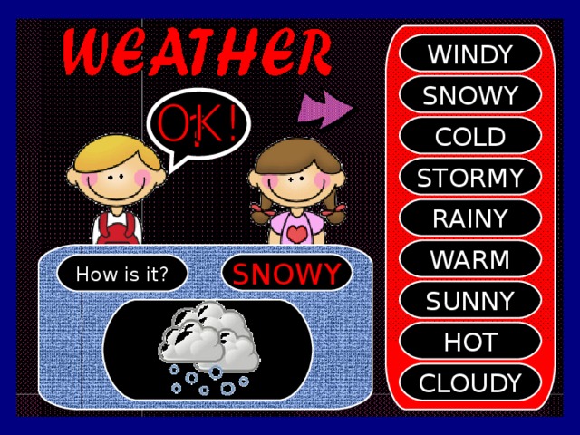 WINDY SNOWY ? COLD STORMY RAINY WARM SNOWY How is it? SUNNY HOT CLOUDY