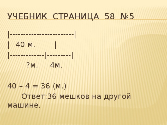 Учебник страница 58 №5 |------------------------| |  40 м. | |-------------|---------|  ?м. 4м. 40 – 4 = 36 (м.)  Ответ:36 мешков на другой машине.