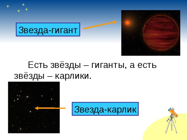 Звезда-гигант   Есть звёзды – гиганты, а есть  звёзды – карлики. Звезда-карлик