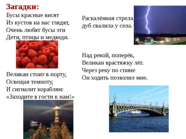 Загадки:  Бусы красные висят  Из кустов на нас глядят,  Очень любят бусы эти  Дети, птицы и медведи.   Великан стоит в порту,  Освещая темноту,  И сигналит кораблям:  «Заходите в гости к нам!»   Раскалённая стрела дуб свалила у села.   Над рекой, поперёк,  Великан врастяжку лёг.  Через реку по спине  Он ходить позволил мне.