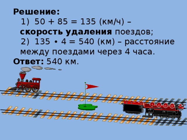 Решение:  1) 50 + 85 = 135 (км/ч) – скорость удаления поездов;  2) 135 ∙ 4 = 540 (км) – расстояние между поездами через 4 часа. Ответ: 540 км.