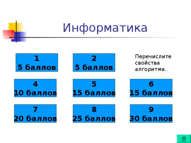 Перечислите свойства алгоритма. 1 5 баллов 2 5 баллов 4 10 баллов 5 15 баллов 6 15 баллов 7 20 баллов 8 25 баллов 9 30 баллов