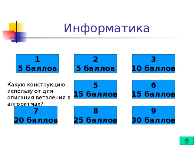 1 5 баллов 2 5 баллов 3 10 баллов 5 15 баллов 6 15 баллов Какую конструкцию используют для описания ветвления в алгоритмах? 7 20 баллов 8 25 баллов 9 30 баллов