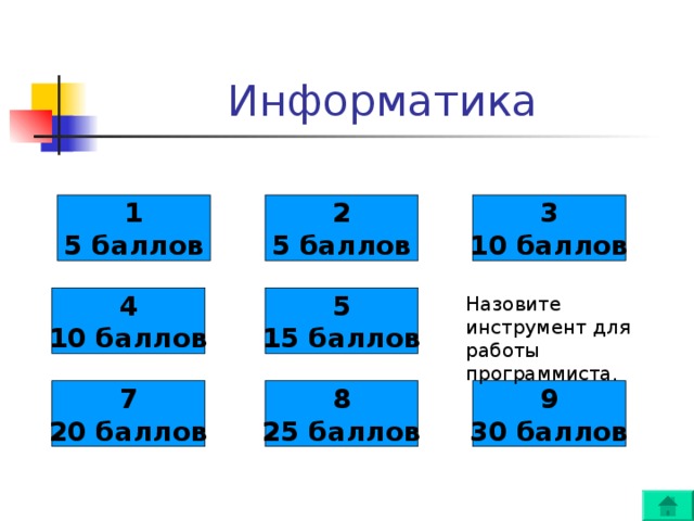 1 5 баллов 2 5 баллов 3 10 баллов 4 10 баллов 5 15 баллов Назовите инструмент для работы программиста. 7 20 баллов 8 25 баллов 9 30 баллов