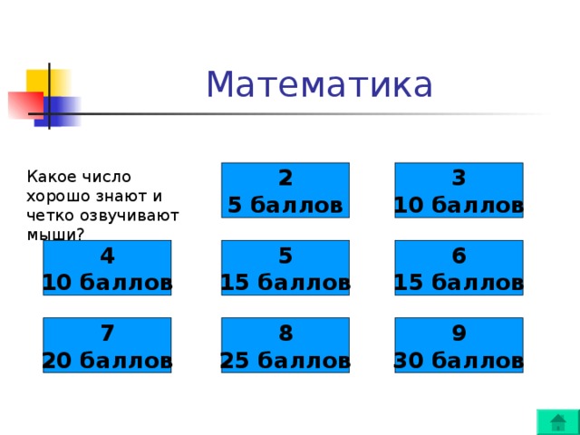 2 5 баллов 3 10 баллов Какое число хорошо знают и четко озвучивают мыши? 4 10 баллов 5 15 баллов 6 15 баллов 7 20 баллов 8 25 баллов 9 30 баллов