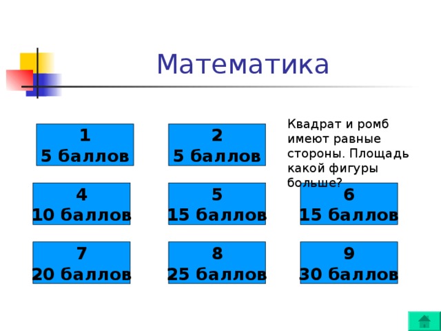 Квадрат и ромб имеют равные стороны. Площадь какой фигуры больше? 1 5 баллов 2 5 баллов 4 10 баллов 5 15 баллов 6 15 баллов 7 20 баллов 8 25 баллов 9 30 баллов