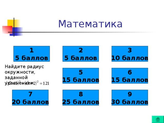 1 5 баллов 2 5 баллов 3 10 баллов Найдите радиус окружности, заданной уравнением 5 15 баллов 6 15 баллов 7 20 баллов 8 25 баллов 9 30 баллов