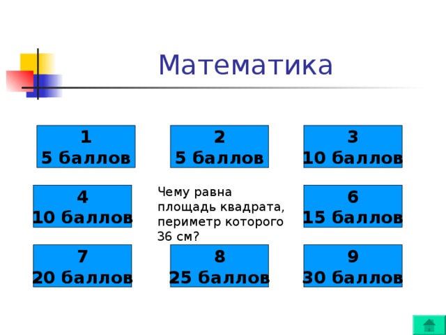 1 5 баллов 2 5 баллов 3 10 баллов Чему равна площадь квадрата, периметр которого 36 см? 4 10 баллов 6 15 баллов 7 20 баллов 8 25 баллов 9 30 баллов