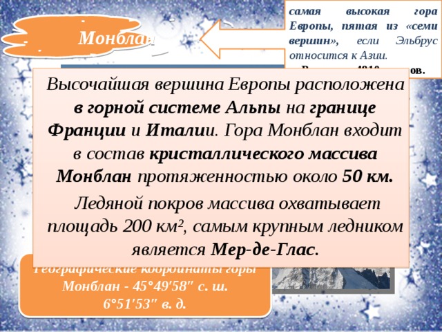 самая высокая гора Европы, пятая из «семи вершин», если Эльбрус относится к Азии. Высота – 4810 метров. Монблан Высочайшая вершина Европы расположена в горной системе Альпы на границе Франции и Итали и. Гора Монблан входит в состав кристаллического массива Монблан протяженностью около 50 км.  Ледяной покров массива охватывает площадь 200 км², самым крупным ледником является Мер-де-Глас . Географические координаты горы Монблан - 45°49′58″ с. ш. 6°51′53″ в. д.