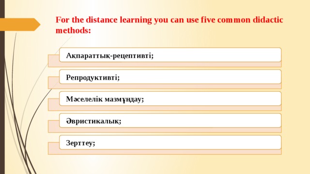 For the distance learning you can use five common didactic methods: Ақпараттық-рецептивті; Репродуктивті; Мәселелік мазмұндау; Әвристикалық; Зерттеу;