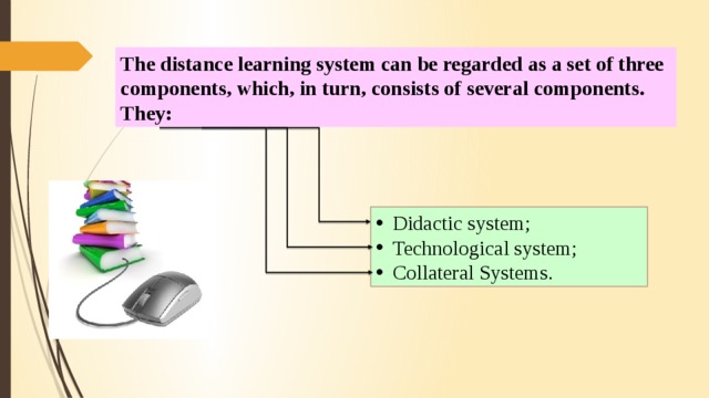The distance learning system can be regarded as a set of three components, which, in turn, consists of several components. They: