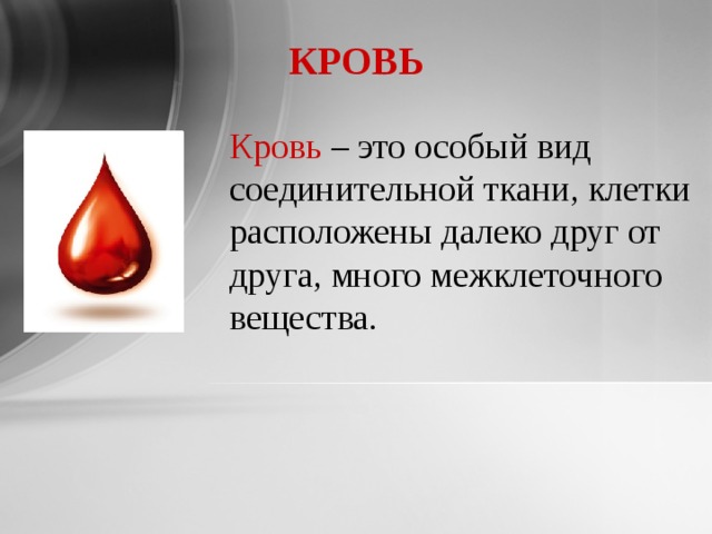 КРОВЬ  Кровь – это особый вид соединительной ткани, клетки расположены далеко друг от друга, много межклеточного  вещества.