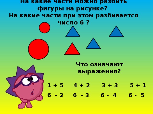На какие части можно разбить фигуры на рисунке?  На какие части при этом разбивается число 6 ? Что означают выражения? 1 + 5 4 + 2 3 + 3 5 + 1  6 - 2 6 - 3 6 - 4 6 - 5