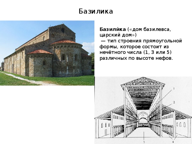 Базилика Базили́ка  («дом базилевса, царский дом»)  — тип строения прямоугольной формы, которое состоит из нечётного числа (1, 3 или 5) различных по высоте нефов.