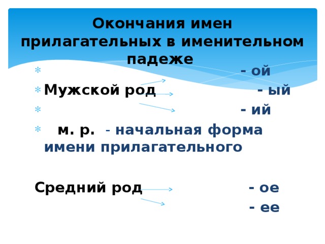 Окончания имен прилагательных в именительном падеже  - ой Мужской род  - ый  - ий  м. р. - начальная форма имени прилагательного  Средний род - ое  - ее