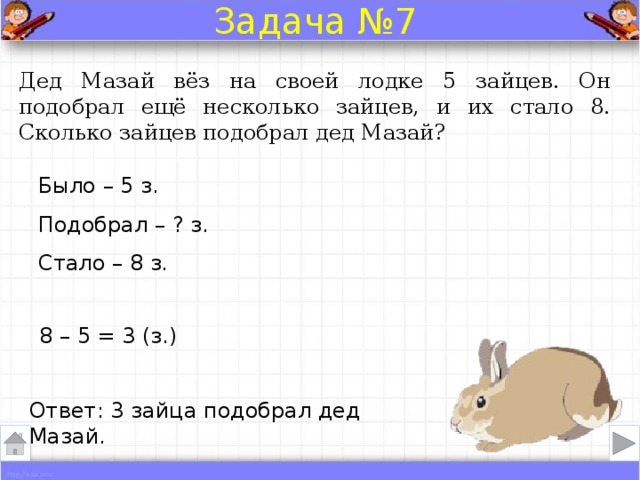 Задача №7 Дед Мазай вёз на своей лодке 5 зайцев. Он подобрал ещё несколько зайцев, и их стало 8. Сколько зайцев подобрал дед Мазай? Было – 5 з. Подобрал – ? з. Стало – 8 з. 8 – 5 = 3 (з.) Ответ: 3 зайца подобрал дед Мазай.