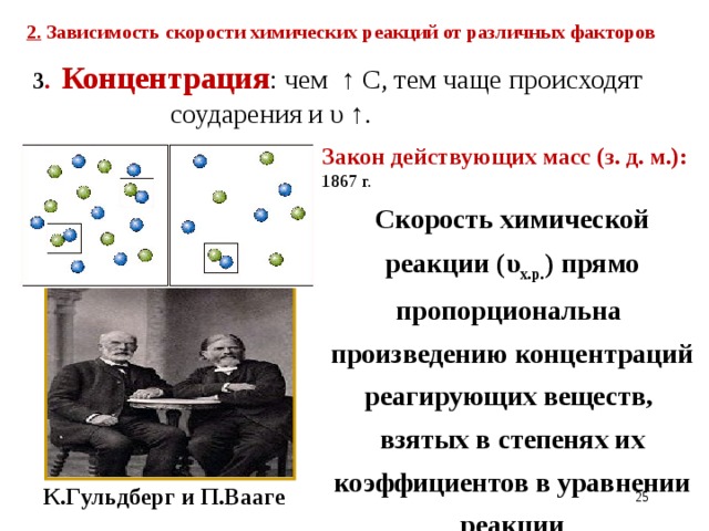 2. Зависимость скорости химических реакций от различных факторов  3 . Концентрация : чем ↑ С, тем чаще происходят соударения и υ ↑. Закон действующих масс (з. д. м.): 1867 г. Скорость химической реакции (υ х.р. ) прямо пропорциональна произведению концентраций реагирующих веществ, взятых в степенях их коэффициентов в уравнении реакции К.Гульдберг и П.Вааге 21