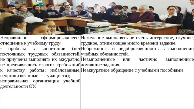 Неправильно сформировавшееся отношение к учебному труду: - пробелы в воспитании (нет постоянных трудовых обязанностей, не приучены выполнять их аккуратно, не предъявлялось строгих требований к качеству работы; избалованные, неорганизованные учащиеся); - неправильная организация учебной деятельности ОУ. Нежелание выполнять не очень интересное, скучное, трудное, отнимающее много времени задание. Небрежность и недобросовенность в выполнении учебных обязанностей. Невыполненные или частично выполненные домашние задания. Неаккуратное обращение с учебными пособиями