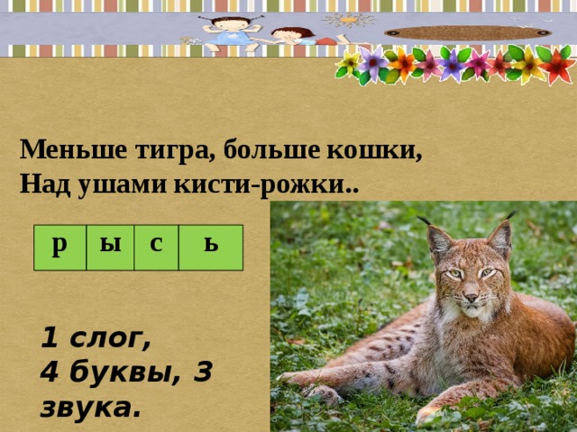 Меньше тигра, больше кошки,  Над ушами кисти-рожки.. р ы с ь 1 слог, 4 буквы, 3 звука.