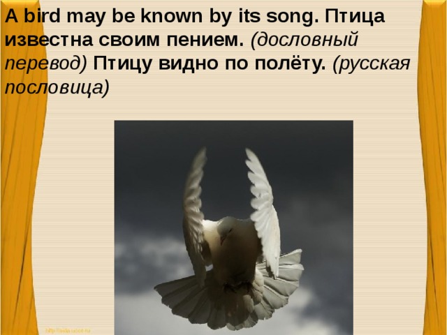 A bird may be known by its song. Птица известна своим пением. (дословный перевод) Птицу видно по полёту. (русская пословица)