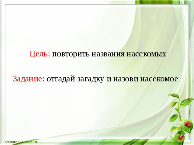 Цель: повторить названия насекомых Задание: отгадай загадку и назови насекомое