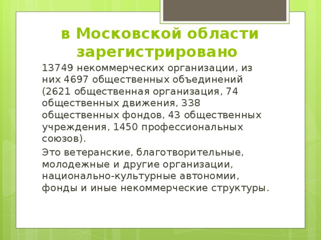 в Московской области зарегистрировано 13749 некоммерческих организации, из них 4697 общественных объединений (2621 общественная организация, 74 общественных движения, 338 общественных фондов, 43 общественных учреждения, 1450 профессиональных союзов). Это ветеранские, благотворительные, молодежные и другие организации, национально-культурные автономии, фонды и иные некоммерческие структуры.