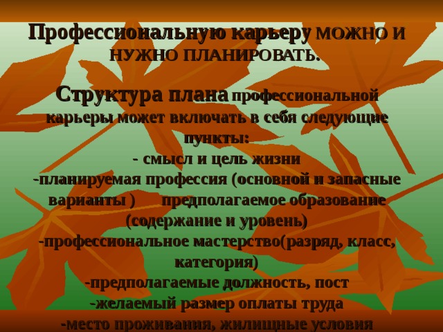 Профессиональную карьеру  МОЖНО И НУЖНО ПЛАНИРОВАТЬ.   Структура плана  профессиональной карьеры может включать в себя следующие пункты:  - смысл и цель жизни  -планируемая профессия (основной и запасные варианты ) предполагаемое образование (содержание и уровень)  -профессиональное мастерство(разряд, класс, категория)  -предполагаемые должность, пост  -желаемый размер оплаты труда  -место проживания, жилищные условия