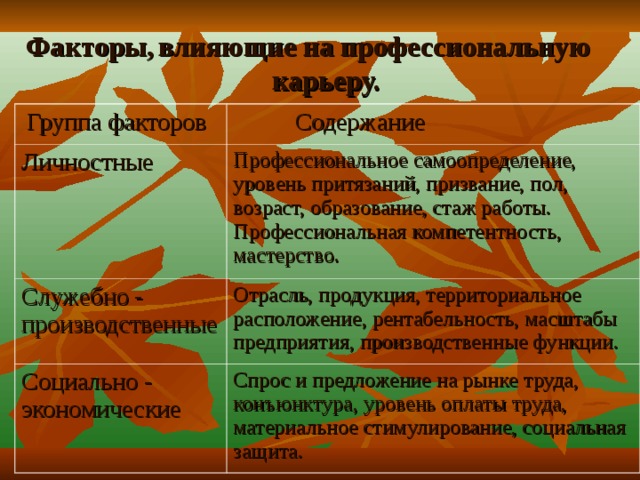 Факторы,  влияющие на профессиональную карьеру.    Группа факторов  Содержание Личностные Профессиональное самоопределение, уровень притязаний, призвание, пол, возраст, образование, стаж работы. Профессиональная компетентность, мастерство. Служебно - производственные Отрасль, продукция, территориальное расположение, рентабельность, масштабы предприятия, производственные функции. Социально - экономические Спрос и предложение на рынке труда, конъюнктура, уровень оплаты труда, материальное стимулирование, социальная защита.