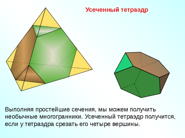 Усеченный тетраэдр Выполняя простейшие сечения, мы можем получить необычные многогранники. Усеченный тетраэдр получится, если у тетраэдра срезать его четыре вершины.