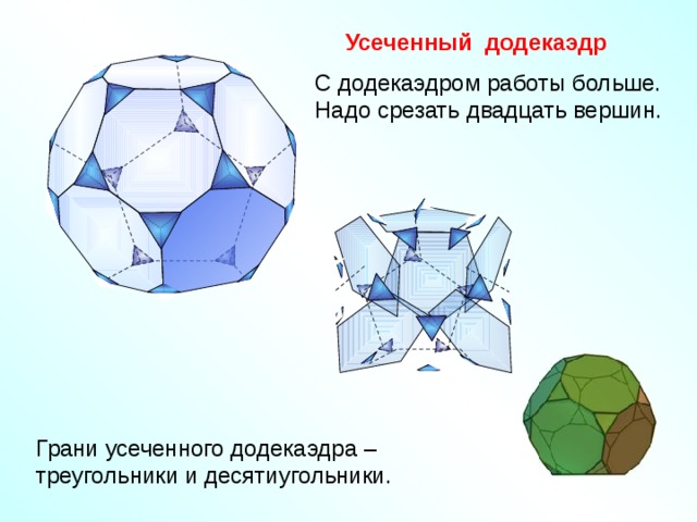 Усеченный додекаэдр С додекаэдром работы больше. Надо срезать двадцать вершин. Грани усеченного додекаэдра – треугольники и десятиугольники.