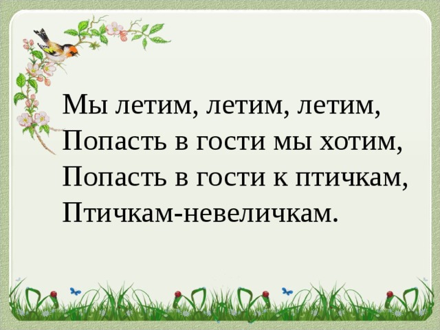 Мы летим, летим, летим, Попасть в гости мы хотим, Попасть в гости к птичкам, Птичкам-невеличкам.