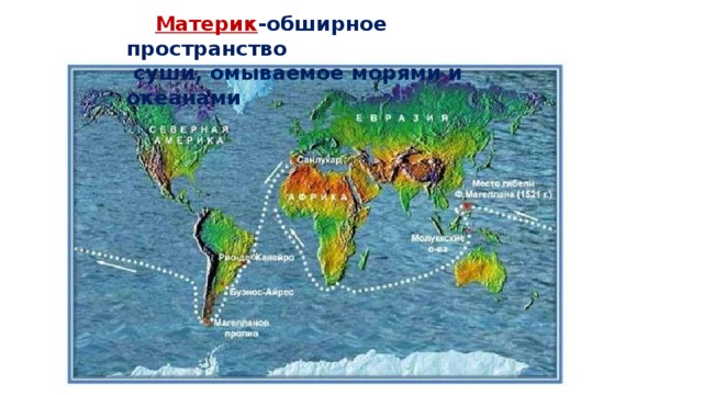 Материк -обширное пространство  суши, омываемое морями и океанами