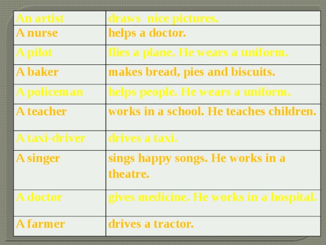 An artist draws nice pictures. A nurse helps a doctor. A pilot flies a plane. He wears a uniform. A baker makes bread, pies and biscuits. A policeman helps people. He wears a uniform. A teacher works in a school. He teaches children. A taxi-driver drives a taxi. A singer sings happy songs. He works in a theatre. A doctor gives medicine. He works in a hospital. A farmer drives a tractor.