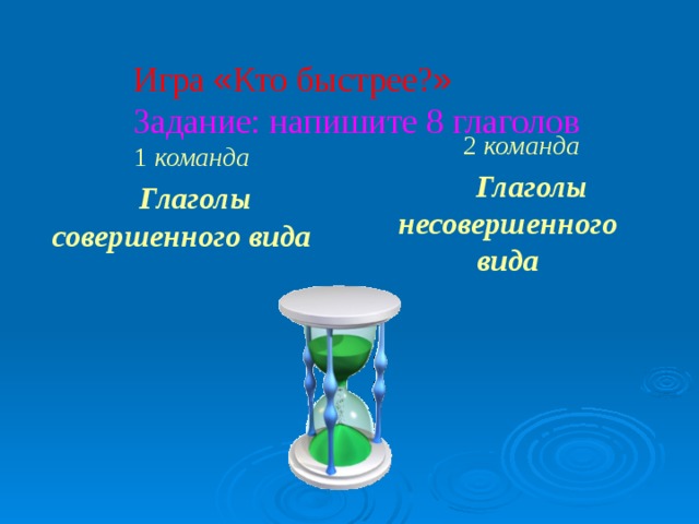 Игра « Кто быстрее? »  Задание: напишите 8 глаголов    2 команда  Глаголы несовершенного вида  1 команда  Глаголы совершенного вида