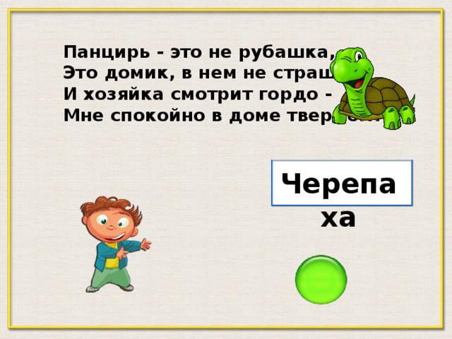 Панцирь - это не рубашка, Это домик, в нем не страшно. И хозяйка смотрит гордо - Мне спокойно в доме твердом! Черепаха