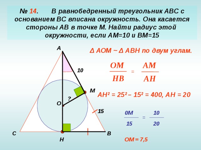№ 14 . В равнобедренный треугольник АВС с основанием ВС вписана окружность. Она касается стороны АВ в точке М. Найти радиус этой окружности, если АМ=10 и ВМ=15 А Δ  АОМ ~ Δ  АВН  по двум углам. OM AM 10 = HB AH М АН 2 = 25 2 – 15 2 = 400, АН = 20 ? О 15 15 10 0М = 15 20 С В Н ОМ = 7,5