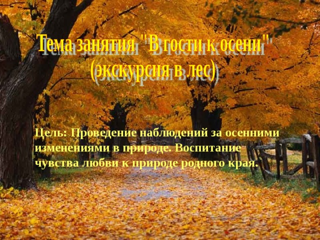 Цель: Проведение наблюдений за осенними изменениями в природе. Воспитание чувства любви к природе родного края.