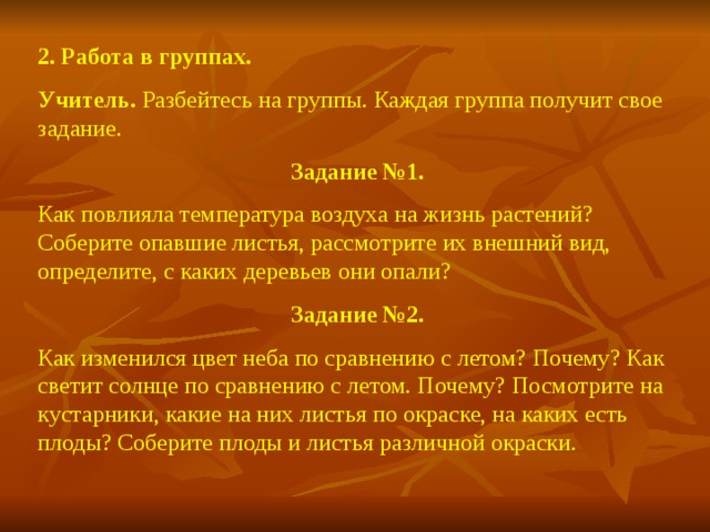 2. Работа в группах. Учитель. Разбейтесь на группы. Каждая группа получит свое задание. Задание №1. Как повлияла температура воздуха на жизнь растений? Соберите опавшие листья, рассмотрите их внешний вид, определите, с каких деревьев они опали? Задание №2. Как изменился цвет неба по сравнению с летом? Почему? Как светит солнце по сравнению с летом. Почему? Посмотрите на кустарники, какие на них листья по окраске, на каких есть плоды? Соберите плоды и листья различной окраски.