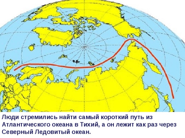 Люди стремились найти самый короткий путь из Атлантического океана в Тихий, а он лежит как раз через Северный Ледовитый океан.