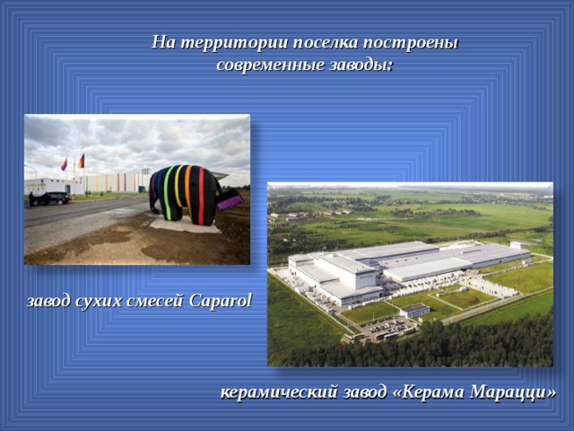 На территории поселка построены современные заводы: завод сухих смесей Caparol керамический завод «Керама Марацци»
