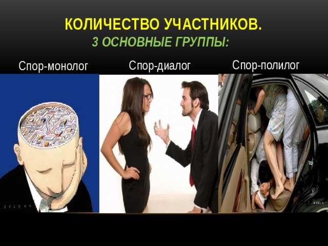 Количество участников.   3 основные группы:  Спор-полилог Спор-диалог  Спор-монолог