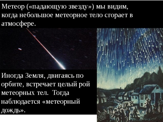 Метеор («падающую звезду») мы видим, когда небольшое метеорное тело сгорает в атмосфере. Иногда Земля, двигаясь по орбите, встречает целый рой метеорных тел. Тогда наблюдается «метеорный дождь».