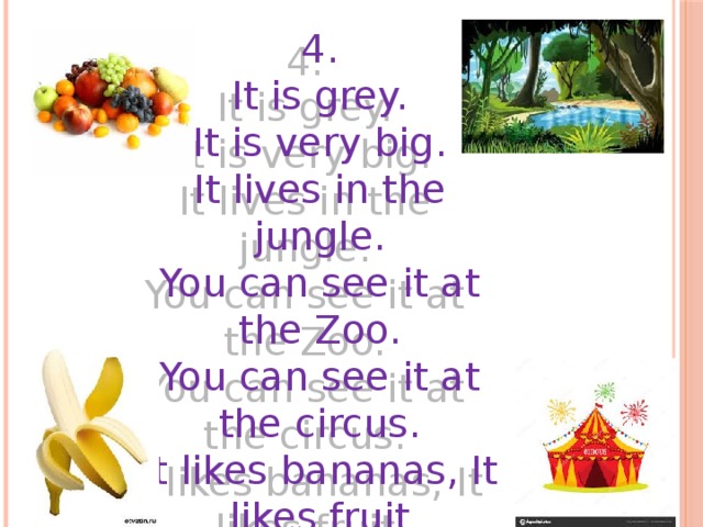 4. It is grey. It is very big. It lives in the jungle. You can see it at the Zoo. You can see it at the circus. It likes bananas, It likes fruit