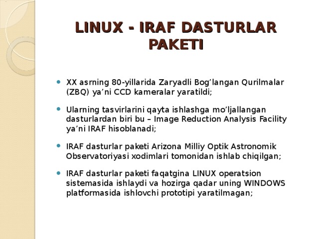 LINUX - IRAF DASTURLAR PAKETI