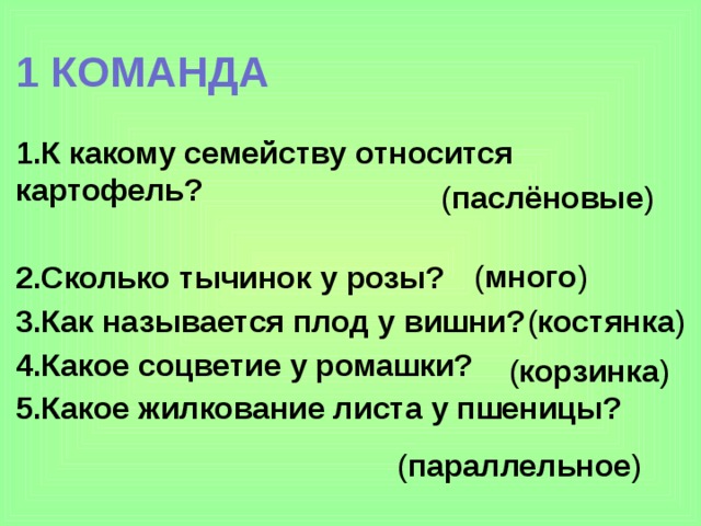 1 КОМАНДА 1.К какому семейству относится картофель? 2.Сколько тычинок у розы? 3.Как называется плод у вишни? 4.Какое соцветие у ромашки? 5.Какое жилкование листа у пшеницы? ( паслёновые ) ( много ) ( костянка ) ( корзинка ) ( параллельное )