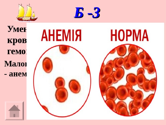 Б -3 Уменьшение числа эритроцитов в крови или понижение в них гемоглобина. Малокровие - анемия