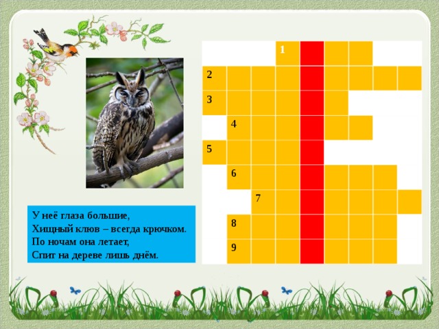 2 3 1 4 5 6 7 8 9 У неё глаза большие, Хищный клюв – всегда крючком. По ночам она летает, Спит на дереве лишь днём.  С О В А
