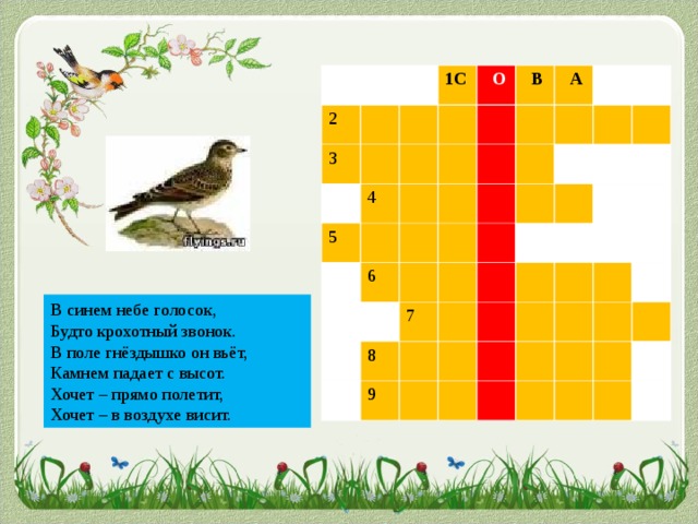 2 3 1С  О 4 5  В  А 6 7 8 9 В синем небе голосок, Будто крохотный звонок. В поле гнёздышко он вьёт, Камнем падает с высот. Хочет – прямо полетит, Хочет – в воздухе висит.  Ж А В О Р О Н О К