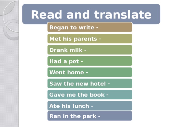 Read and translate Began to write - Met his parents - Drank milk - Had a pet - Went home - Saw the new hotel - Gave me the book - Ate his lunch - Ran in the park -