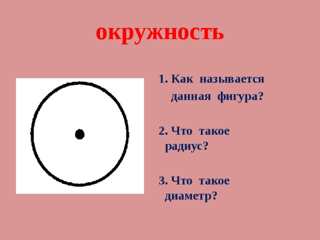 окружность  1. Как называется  данная фигура?   2. Что такое радиус?   3. Что такое диаметр?